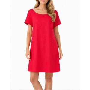 Lisa Bayne Red Linen Midi Dress XL Lagenlook Oversized Shift USA